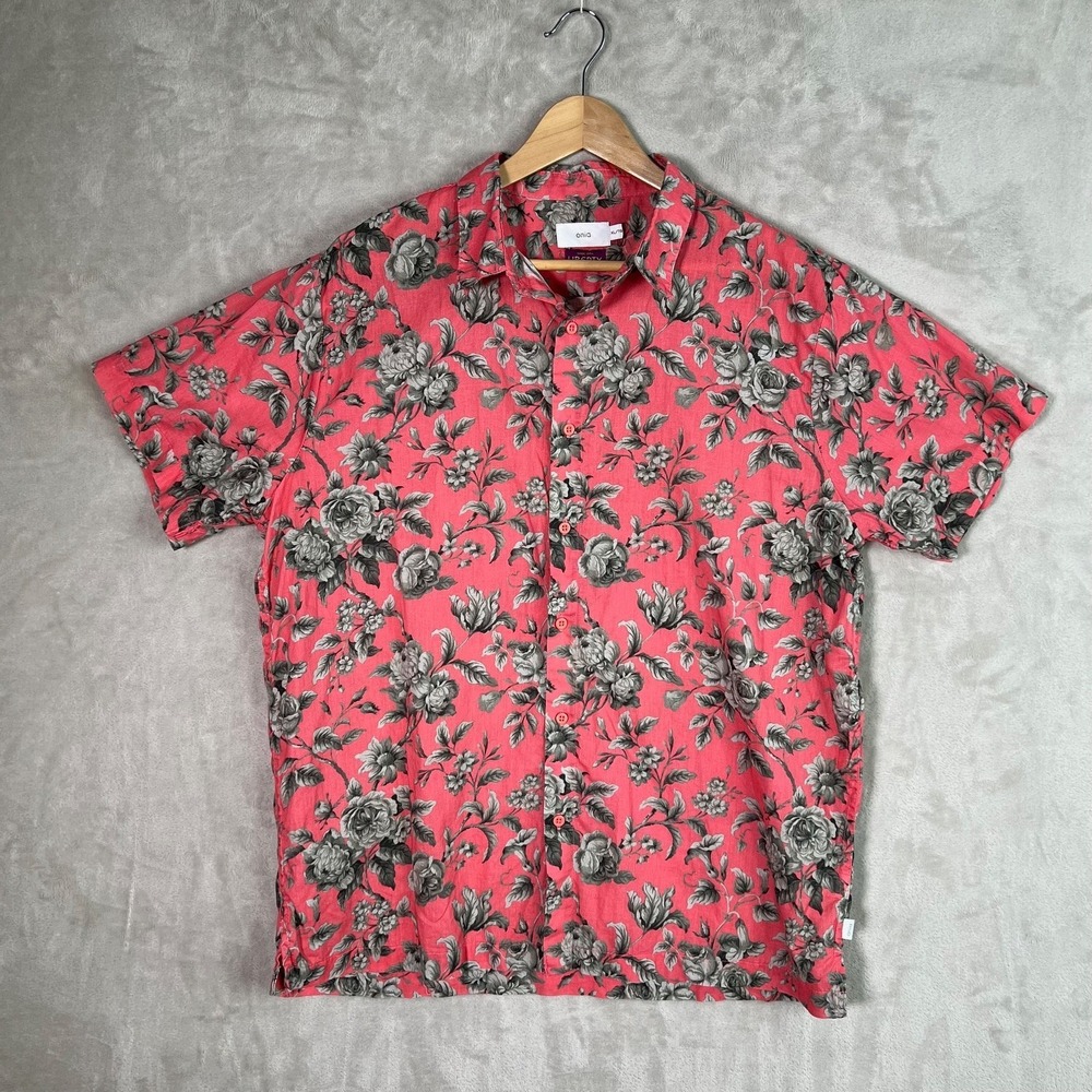 Onia Liberty Fabric Shirt Men Size XL Short Sleeve 100% Linen Floral Roses Camp
